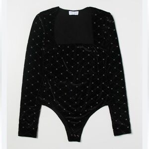 Weili Zheng velvet bodysuit Black blouse top studded Accents Large L